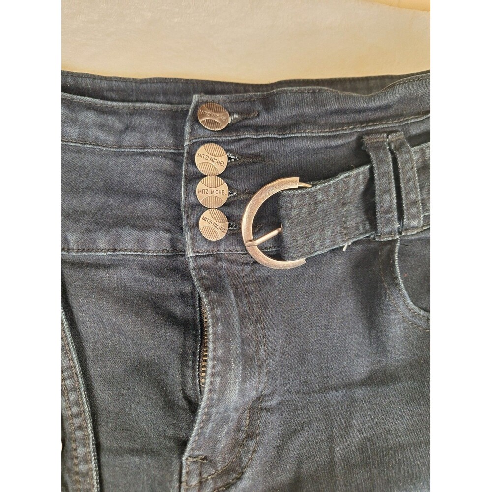 Mitzi Michel Button Front Jeans Juniors 15 Flare Black High Rise Belted 30x33 - Picture 2 of 11